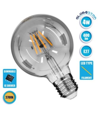 GLOBOSTAR® BUBBLE 99069 Λάμπα E27 G95 LED 4W 400lm 360° AC 220-240V IP20 Θερμό Λευκό 2700K Dimmable - Filament Chip - Μαύρο Φιμέ - Μ9.5 x Π9.5 x Υ13.8cm - 3 Χρόνια Εγγύηση